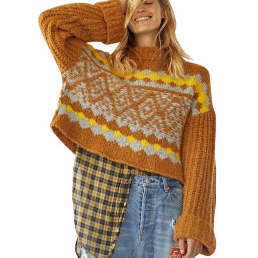 NWT Free People tan chunky cropped mock neck alpine sweater